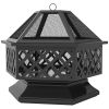 Outsunny 28" Outdoor Fire Pit with Grill Hexagon Fireplace Wood Burning Firepit with Cooking Grate, Fire Poker, Spark Screen Lid