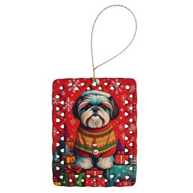 Shih Tzu Holiday Christmas Porcelain Ornament Christmas Tree Hanging Decorations for Home Christmas Holiday, Rectangle, Gift, Multicolor