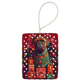 Dogue de Bordeaux Holiday Christmas Porcelain Ornament Christmas Tree Hanging Decorations for Home Christmas Holiday, Rectangle, Gift, Multicolor