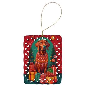 Red Redbone Coonhound Holiday Christmas Porcelain Ornament Christmas Tree Hanging Decorations for Home Christmas Holiday, Rectangle, Gift, Multicolor