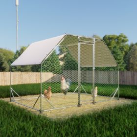 9.94 Ft. X 6.46 Ft. X 6.36 Ft. Metal Large Chicken Coop Walk-in Poultry Cage Run Flat Shaped With Waterproof Cover (Color: silver)