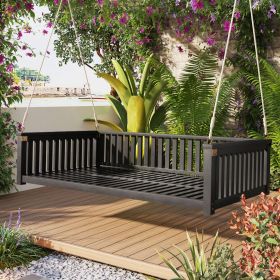 Patio Minimalist Twin Size Garden Swing Bed Wood Porch Swing with Ropes for Backyard, Safe Sloped Design (Color: Black, material: Acacia Wood)